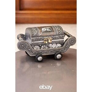 Vintage India Silver Tone Elephant Carriage Jewelry Box Trinket Box Velvet Lined